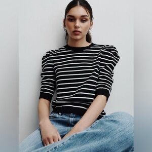 DKNY Black & White Striped Puff-Sleeve Knit Top